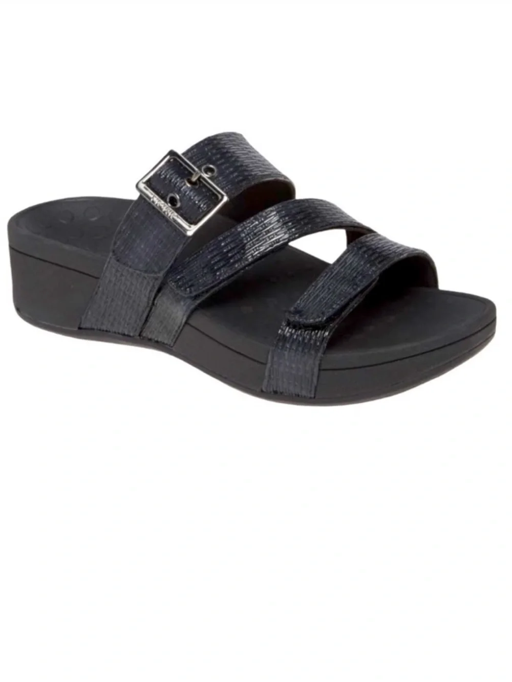 Vionic Black Pacific Rio Lizard Sandals Textured Platform Slide with Buckle - Picture 1 of 16